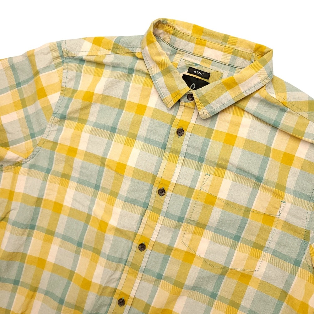 PrAna Shirt Mens Large Yellow Plaid Short Sleeve Button Up Slim Fit Cotton